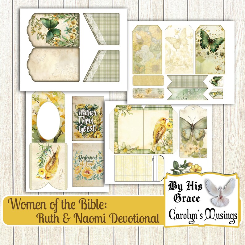 May include: A printable set of digital scrapbook paper featuring a yellow bird, butterflies, and floral designs. The paper includes the text "Wither Thou Goest", "Redeemed", and "By His Grace". The paper is designed for use in a devotional journal for women.