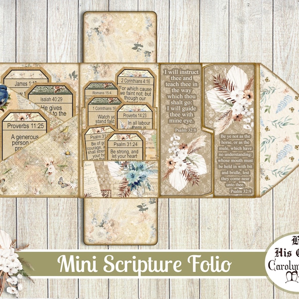 Junk Journal, Mini Scripture Folio, Folding Folio, Floral, Ephemera, Trifold, Craft Kit, Scrapbook, Printable Gift, Handmade Gift