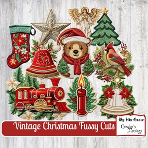 Vintage Christmas Fussy Cuts, Embroidered fussy cut, Christmas Trains, Bells, Wreaths, Star, Stockings, Trees, and more, Digital Download