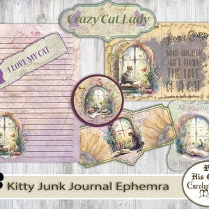 vintage Junk Journal Cat Ephemera, Fussy Cut Cat, Téléchargement numérique, Feuille de collage, Kitty, Journal Ephemera, 41 Embellissements
