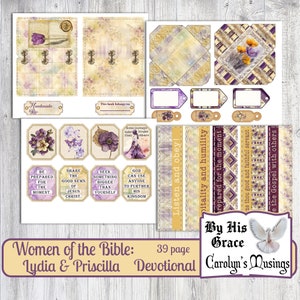 Puede incluir: Un paquete digital imprimible para scrapbooking o journaling con un esquema de color morado, amarillo y blanco. El paquete incluye varias im&aacute;genes, incluyendo flores, una paloma y texto que dice "Women of the Bible: Lydia & Priscilla 39 page Devotional By His Grace Carolyn's Musings".