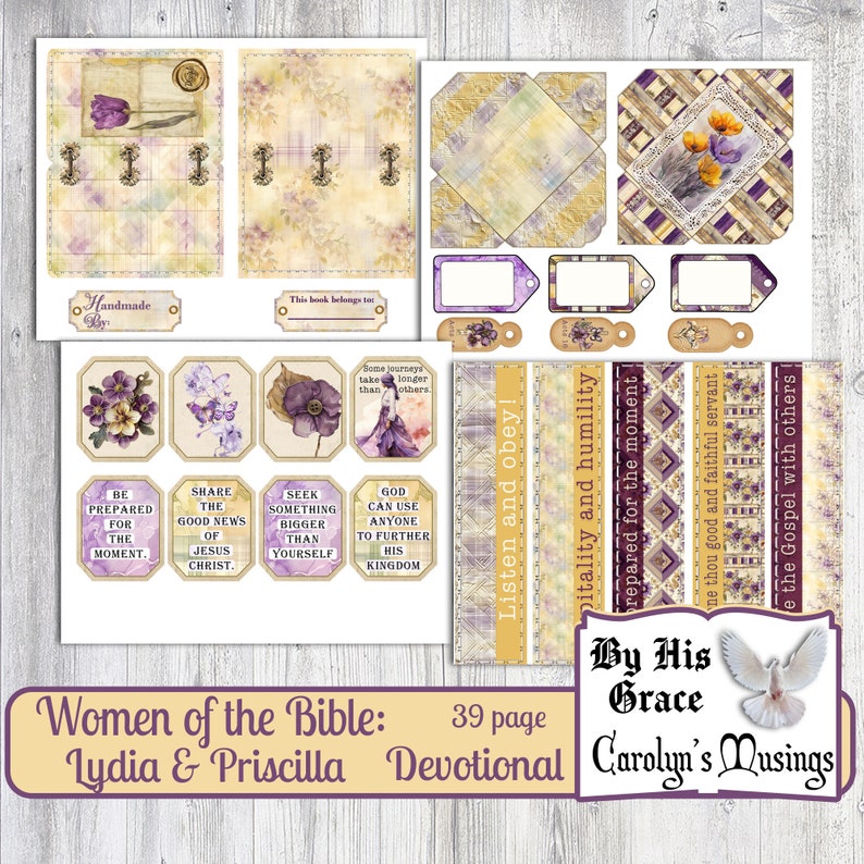 Puede incluir: Un paquete digital imprimible para scrapbooking o journaling con un esquema de color morado, amarillo y blanco. El paquete incluye varias im&aacute;genes, incluyendo flores, una paloma y texto que dice "Women of the Bible: Lydia & Priscilla 39 page Devotional By His Grace Carolyn's Musings".