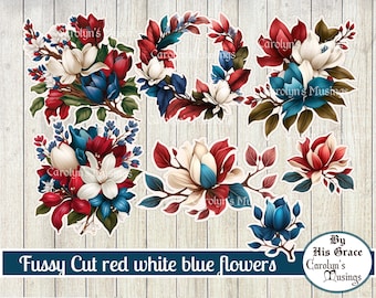 Red White Blue Fussy Cut Flowers: July 4th Ephemera (Digital Download)