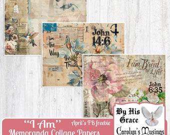 May include: Three digital collage sheets with a vintage aesthetic featuring floral patterns, hummingbirds, and bible verses. The text on the sheets includes "I am the way, the truth", "John 14:6", and "I am the bread of life, John 6:35".