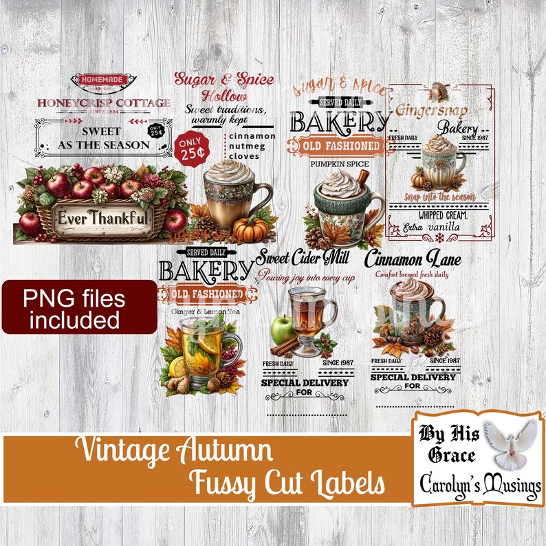 May include: Vintage autumn-themed fussy cut labels featuring illustrations of fall treats like pumpkin spice lattes, apple baskets, and ginger snap bakery items. Includes text such as "Honeycrisp Cottage" and "Sweet as the Season."