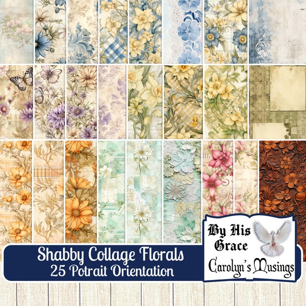 Junk Journal Shabby Floral Papers Portrait Orientation, 25 digital Collage papers, Printable, Cardmaking, Scrapbooking Ephemera,