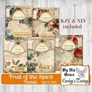 Afdrukbaar junkjournaal - Fruit of the Spirit Pockets | De mijmeringen van Caroline | NBG/NIV Verzen, vintage notitiekaarten en pagina's | Digitale download