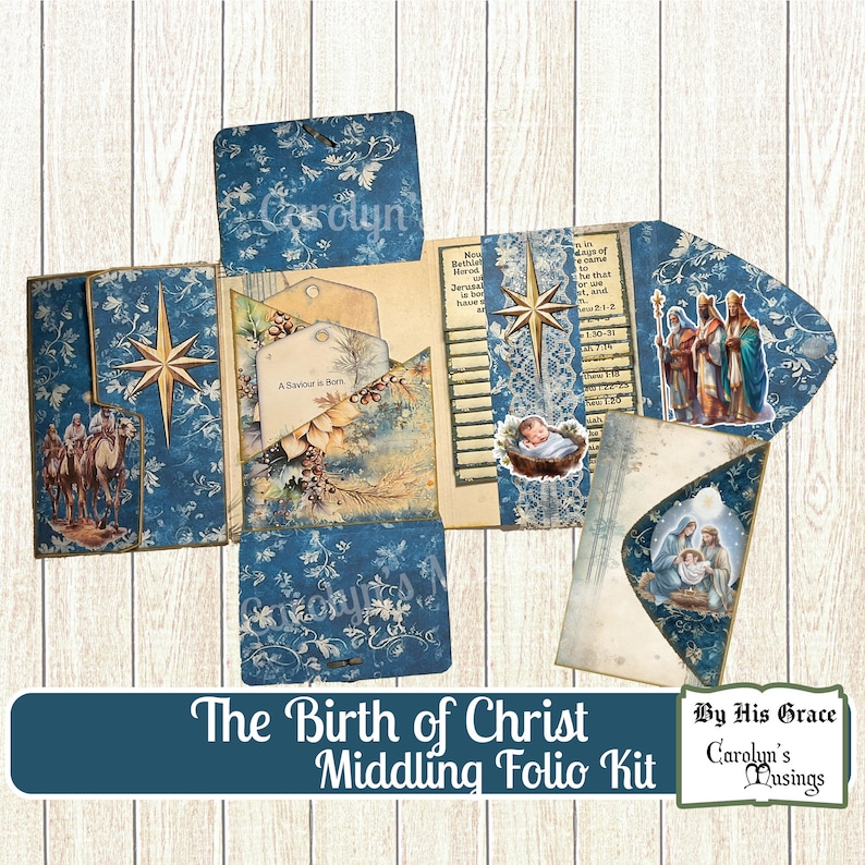 Junk Journal Birth of Christ Folio, Folding Folio, Christmas Digital Paper, Craft Kit, Scrapbook, Printable Gift, Handmade Gift image 2