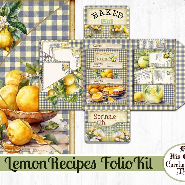 Lemon Recipes Folio Journal Kit, Rezeptbuch, Geschenk, Rezepttausch Idee, Junk Journal, gelb, blau, digitaler Download, printable,