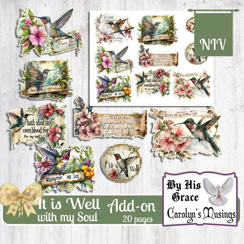 Puede incluir: Hoja de collage digital con 20 p&aacute;ginas de ilustraciones de acuarela con colibr&iacute;es, flores y citas inspiradoras. La hoja incluye frases como "It is Well with my Soul", "Peace like a River", y "By His Grace".