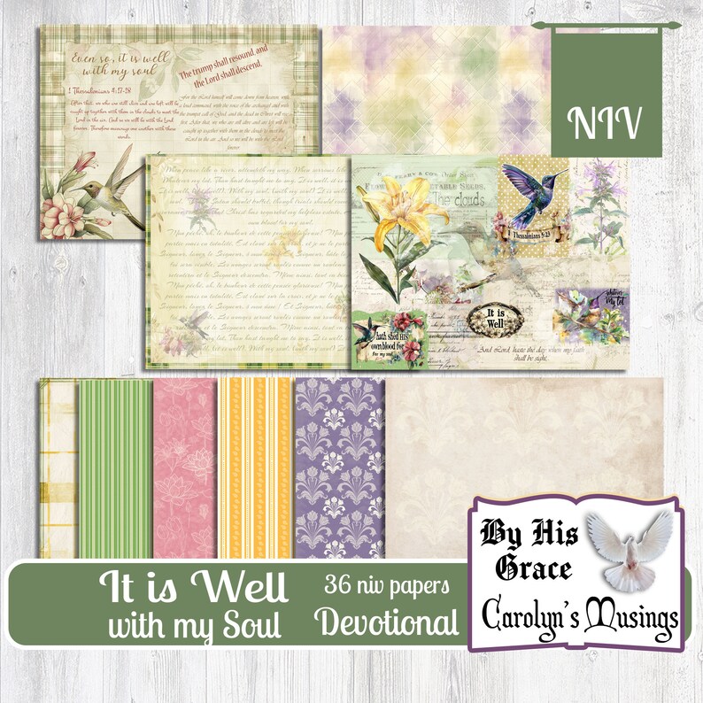 May include: A digital printable devotional kit with 36 pages featuring a variety of floral and bird designs. The kit includes the text "It is Well with my Soul" and "By His Grace Carolyn's Musings".