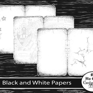 May include: Black and white digital papers with aged, distressed edges. The papers feature floral and artistic designs, with text in French. The image includes the text "Black and White Papers" and the seller's logo.