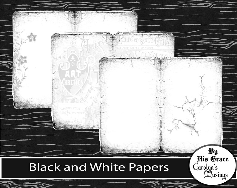 May include: Black and white digital papers with aged, distressed edges. The papers feature floral and artistic designs, with text in French. The image includes the text "Black and White Papers" and the seller's logo.
