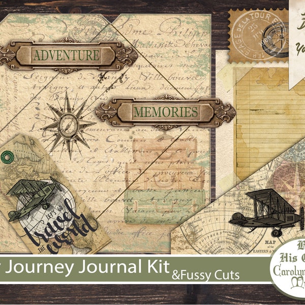 Vintage Travel Junk Journal Printable Kit, Travelers, Digital Download, Antique, Grunge, Postcards, Envelopes, Pockets, Tags