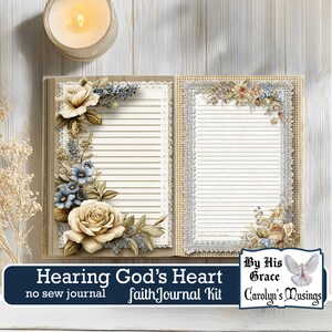 Faith and healing digital journal kit with scripture, botanical theme, and personal growth focus. Faith journal with botanical designs and lace borders, ideal for spiritual reflection. Enhance spiritual reflection with a no-sew faith journal featuring a calming botanical aesthetic.