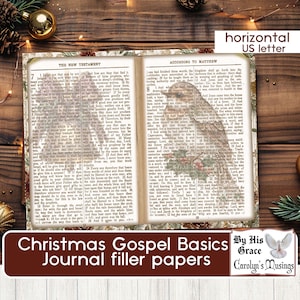 May include: Open journal filler papers with text from the New Testament and the Gospel of Matthew. The pages are decorated with a Christmas theme, featuring a bird illustration and festive greenery. The title "Christmas Gospel Basics" is displayed.