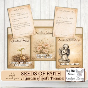 Puede incluir: Un conjunto de tarjetas con temática de fe con citas e ilustraciones inspiradoras. Las tarjetas presentan frases como "Semillas de Gracia" y "Semillas de Vida Eterna". El conjunto incluye 21 sobres de semillas y se titula "Semillas de Fe: Un Jardín de las Promesas de Dios".
