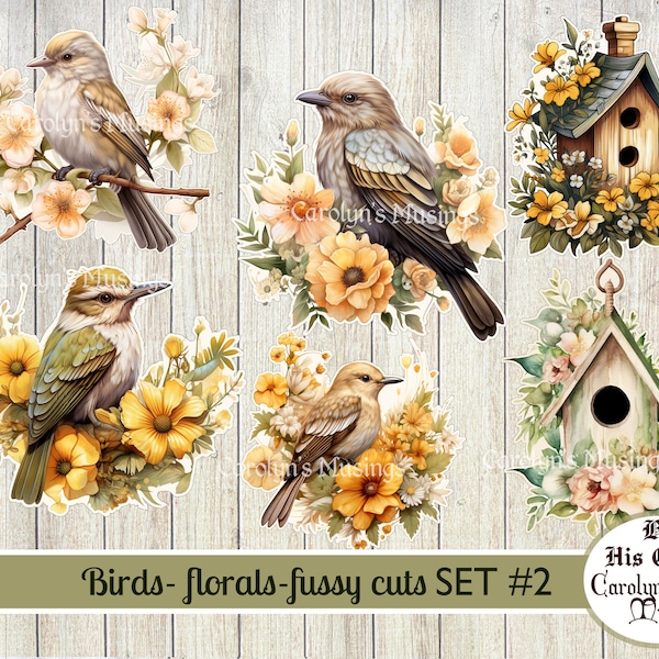 Fussy Cut Birds, Bird Houses, Florals, SET #2, Junk Journal, Scrapbooking, Card Making, Ephemera, Digital Download,