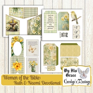 May include: A printable devotional kit for women featuring a green and yellow plaid background with images of flowers, birds, and a bird bath. The text "Women of the Bible: Ruth & Naomi Devotional" is at the bottom of the page. The text "By His Grace Carolyn's Musings" is at the bottom right of the page.