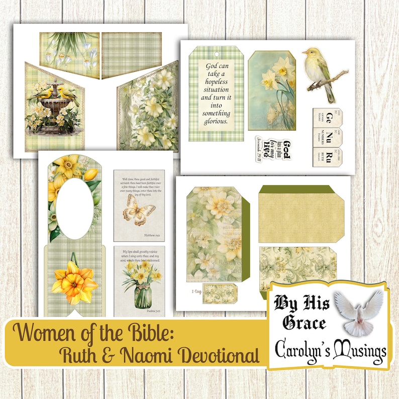 May include: A printable devotional kit for women featuring a green and yellow plaid background with images of flowers, birds, and a bird bath. The text "Women of the Bible: Ruth & Naomi Devotional" is at the bottom of the page. The text "By His Grace Carolyn's Musings" is at the bottom right of the page.