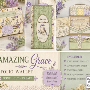 Amazing Grace printable kit preview showing folio templates, pockets, belly bands, scripture cards, tags, and coordinating ephemera.