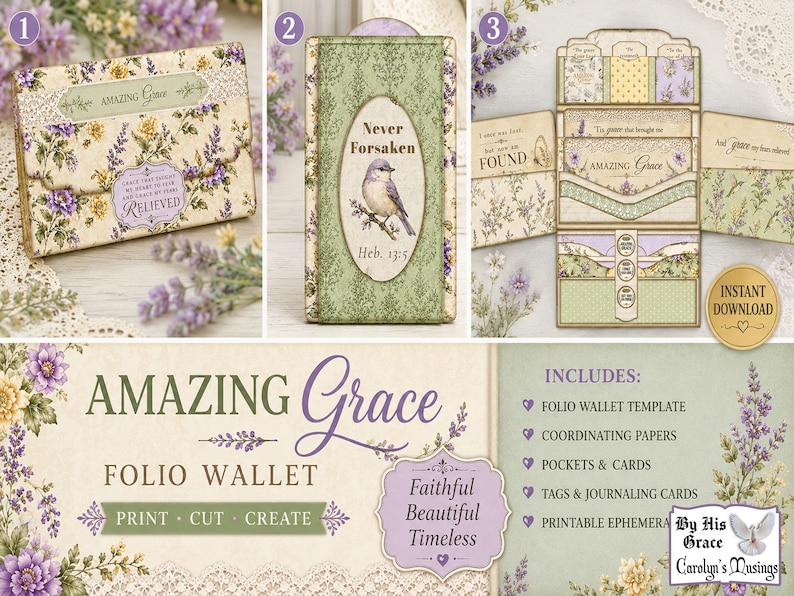 Amazing Grace printable kit preview showing folio templates, pockets, belly bands, scripture cards, tags, and coordinating ephemera.