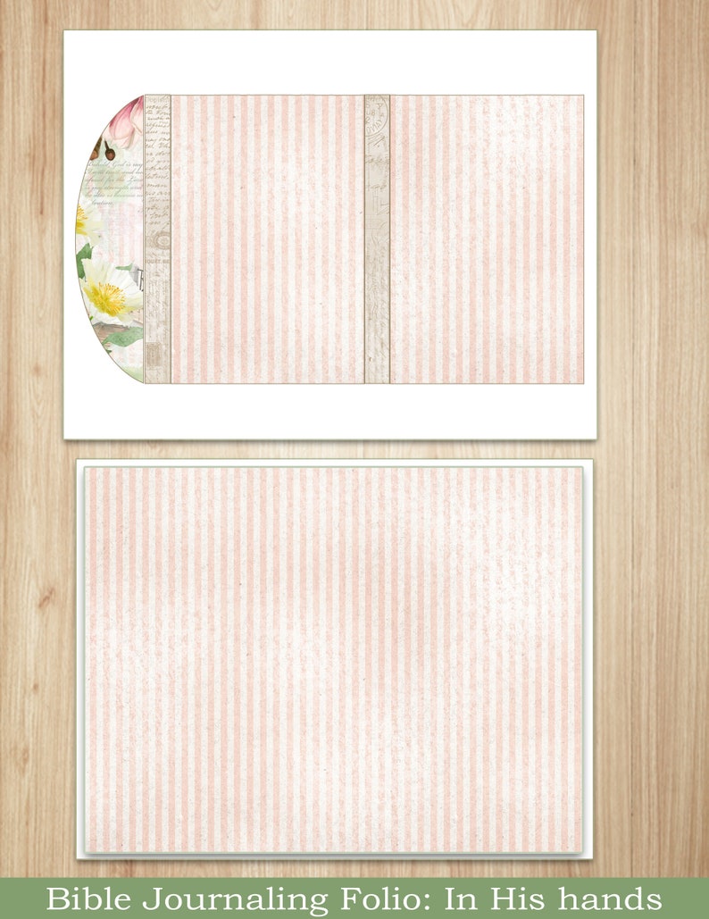 May include: A printable Bible journaling folio with a pink and white striped pattern. The text "Bible Journaling Folio: In His Hands" is at the bottom of the image.