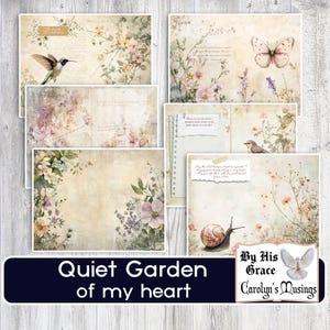 May include: A collection of vintage-style scrapbook paper sheets with floral and botanical designs. The sheets feature images of hummingbirds, butterflies, and snails, with handwritten text and the words "Quiet Garden of my heart".