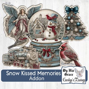 May include: A collection of winter-themed die-cut stickers featuring a snow globe with a snowman, an angel, a cardinal, a Christmas tree, and a train. The stickers have a vintage, watercolor style with blue, red, and white accents. Text on the stickers reads "Snow Kissed Memories Addon".