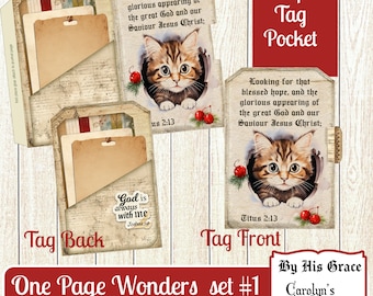Puede incluir: Un kit de manualidades digital imprimible con un bolsillo de etiqueta abatible con un gatito asomándose por un agujero. El frente de la etiqueta tiene el texto "Looking for that blessed hope, and the glorious appearing of the great God and our Saviour Jesus Christ; Titus 2:13". La parte posterior de la etiqueta tiene el texto "God is always with me Joshua 19". El kit se titula "One Page Wonders set #1" y es de "Carolyn's Musings".