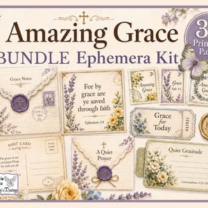 Puede incluir: Un kit de efemérides de estilo vintage con las palabras "Amazing Grace" y "BUNDLE Ephemera Kit". El diseño incluye sobres, postales, sellos y boletos con detalles florales y de mariposas. El kit tiene 35 páginas imprimibles.