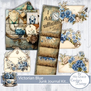 Junk Journal, A Victorian, Blue, Junk Journal Kit, revistas imprimibles, Suministros para revistas, papel digital, descarga, páginas imprimibles