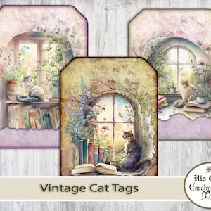 Cat Journaling Tags, Vintage Cat Tags, Afdrukbare Cat Tags, Zes Kitty Journaling Inserts, Feline Junk Journal Tags