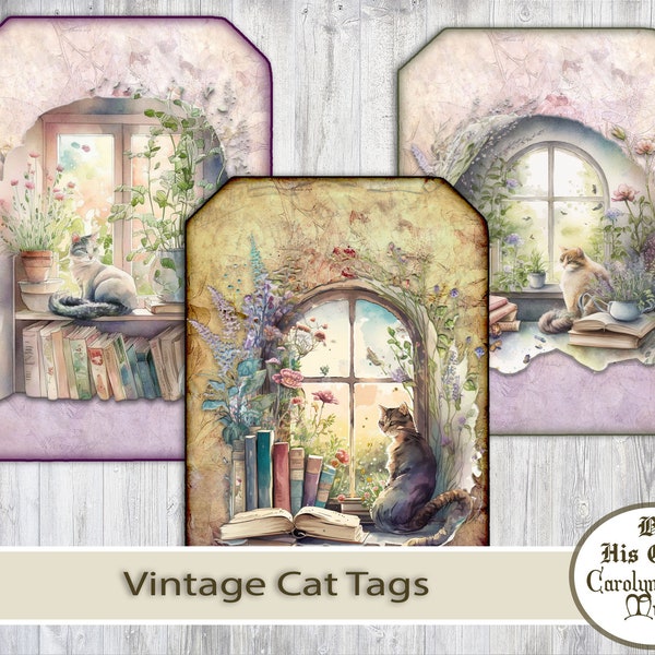 Cat Journaling Tags, Vintage Cat Tags, Printable Cat Tags, Six Kitty Journaling Inserts, Feline Junk Journal Tags