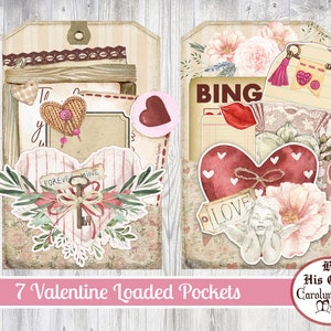 Valentine's Loaded Pocket, Junk Journal, pingelige Schnitte, Valentinstag Ephemera, Geschenkkarte, Blumen, printable, Bastelset, Scrapbook Elemente
