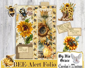 Puede incluir: Un paquete de papel digital de abejas amarillo y marrón con un diseño de girasol y abeja. El paquete de papel incluye una variedad de citas sobre abejas y fe. El texto "BEE-Alert Folio Carolyn's Musings" está en la parte inferior de la imagen.