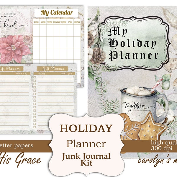 Christmas Planner Printable, Holiday Journal Planner, Christmas Gift List, Christmas To Do List Recipe Cards, Digital Junk Journal