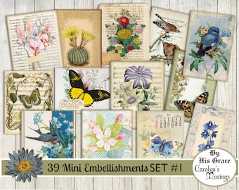 Mini Junk Journal Embellishments: Floral Ephemera, Tags (Digital Download)