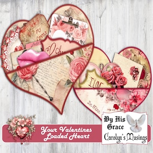 Junk Journal, Loaded Heart Pocket, Valentines Day Gift, Valentine&#39;s Day Ephemera, Digital Download, Printable Papers, Fussy Cuts, Scrapbook.