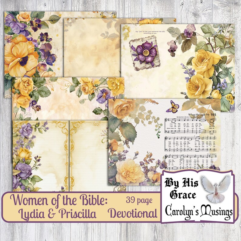 Puede incluir: Un devocional digital imprimible para mujeres de la Biblia, con Lydia y Priscilla. El devocional tiene 39 p&aacute;ginas y presenta un dise&ntilde;o floral con rosas amarillas y flores moradas. El texto "Women of the Bible: Lydia & Priscilla 39 page Devotional" est&aacute; en la parte inferior de la imagen. El texto "By His Grace Carolyn's Musings" est&aacute; en la parte inferior derecha de la imagen.