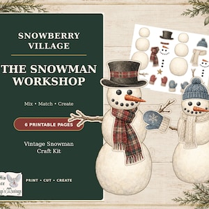 Bygg en snögubbe julpysselkit: Snowberry Village Workshop utskrivbart tillägg, vintage snögubbar, digital nedladdning