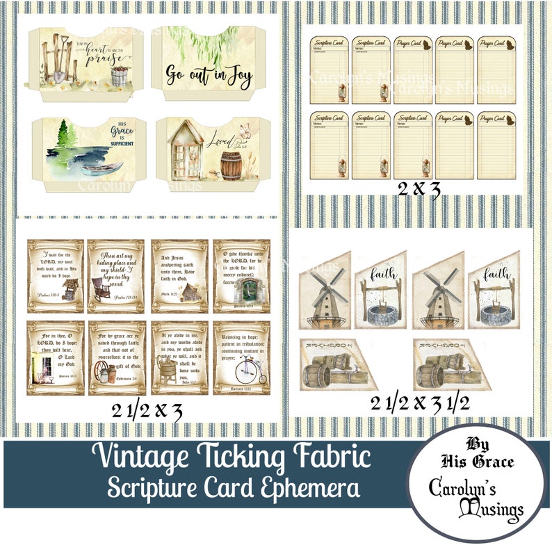 Op de afbeelding: Vintage ticking stof ephemera met schriftkaarten met verschillende ontwerpen, waaronder een windmolen, een put en een huis. De kaarten zijn bedrukt met Bijbelteksten en zijn perfect voor journaling, scrapbooking of het maken van kaarten.