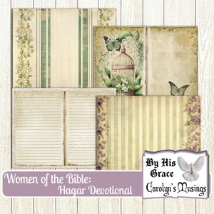 May include: A printable devotional journal with a vintage aesthetic. The cover features a birdcage with a butterfly, flowers, and the text "Women of the Bible: Hagar Devotional". The inside pages have lined paper and a striped pattern. The text "By His Grace, Carolyn's Musings" is also included.