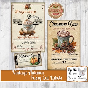 May include: Vintage autumn-themed fussy cut labels featuring bakery signs with coffee mugs, pumpkins, and text like "Gingersnap Bakery" and "Cinnamon Lane." Includes a "Millstone Oven" label and a "Green Gables Bakery" logo.