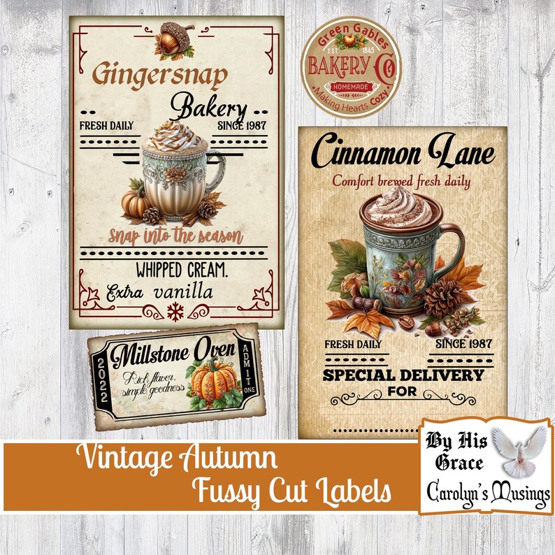 May include: Vintage autumn-themed fussy cut labels featuring bakery signs with coffee mugs, pumpkins, and text like "Gingersnap Bakery" and "Cinnamon Lane." Includes a "Millstone Oven" label and a "Green Gables Bakery" logo.