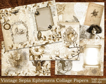May include: A collection of vintage sepia-toned collage papers featuring floral designs, birds, butterflies, and text. The papers are perfect for scrapbooking, card making, and other craft projects.