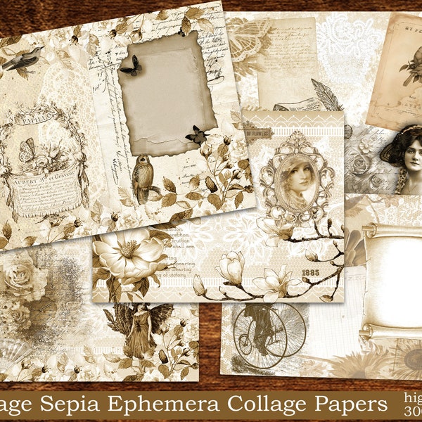 Vintage Sepia Ephemera Collage Papers, junk journal instant download vintage scrapbook paper, old paper textures,