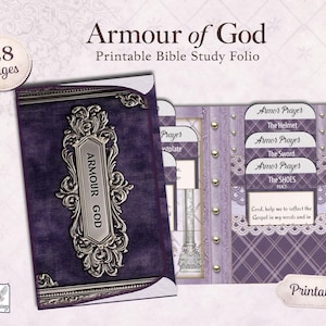 May include: A purple Bible study folio with the words "Armour of God" and "Printable Bible Study Folio." The cover features a silver decorative frame and the text "Armour God." Inside are pages with prayers and the text "The Helmet," "The Sword," and "The Shoes."