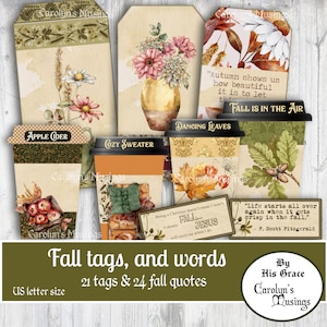 Autumn Tags, Fall Quotes, Junk Journal, Printable, Fall Ephemera, Vintage Tags, Fall Scrapbooking Ephemera, Coffee Cup style