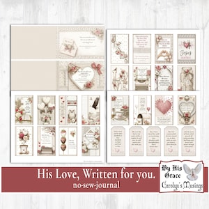 Christian faith journaling kit, featuring printable scripture cards, lace, and vintage Valentine designs, digital download. Digital journal kit for personalized faith reflections; printable for multiple use in devotional practices. Christian journal kit with vintage lace design, featuring scripture cards and Valentine heart motifs on beige backgrounds.